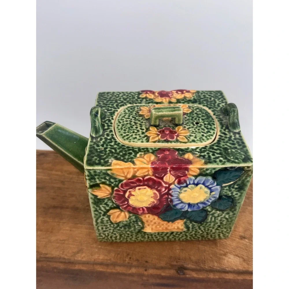Vintage Japanese Square Ceramic Teapot Floral Majolica Style Green Made in Japan